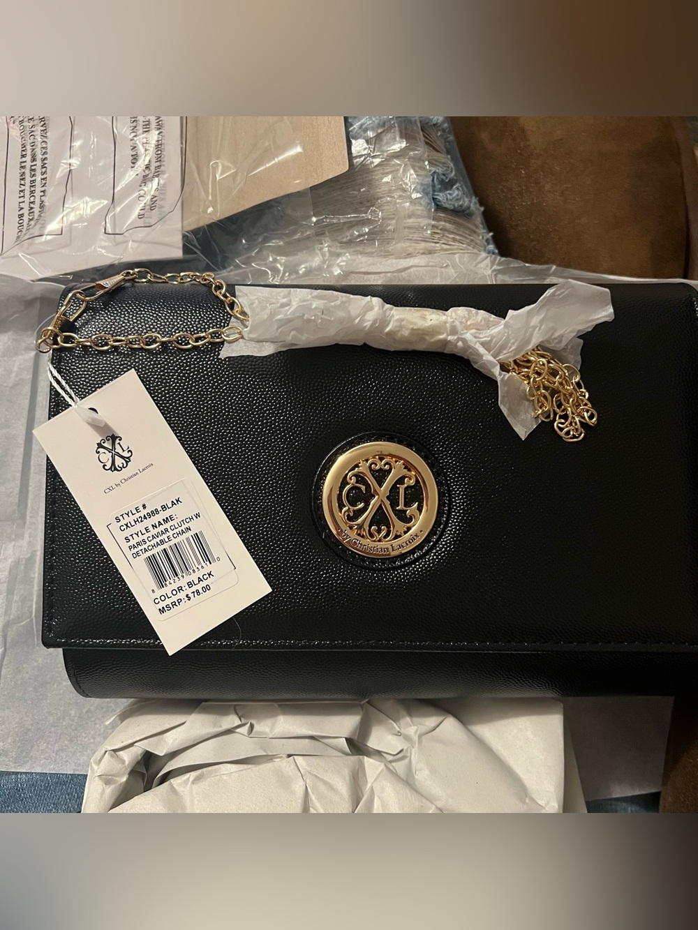NWT CXL by Christian Lacroix Paris Caviar Clutch W/ Detachable Chain
